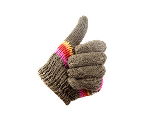bright knitted gloves with thumb up. Isolated