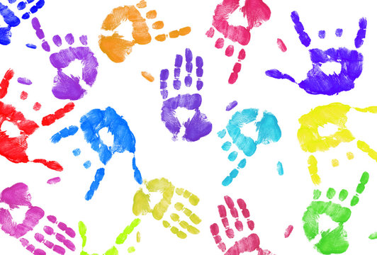 multi colored expressive hand print background on white