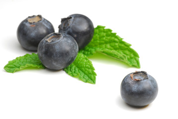 Blueberries and leafs on white background