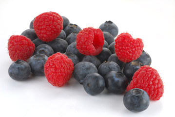 Close-up image of raspberry and blueberry