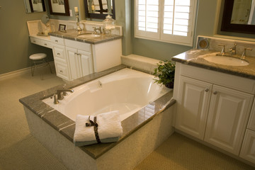 Modern bathroom and decor with a spacious tub.