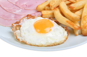 Close-up of ham, fried egg and chips