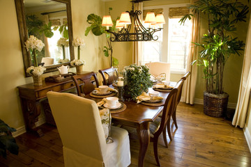 Dining room with a hardwood floor.