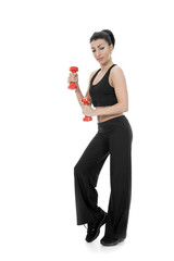 beautiful girl with dumbbells on  isolated background