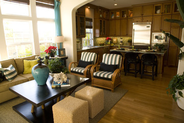 Living room with kitchen in the background.