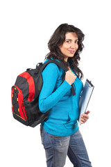 Young student woman with a black backpack on white background