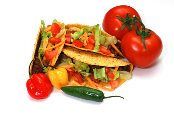 Tacos with tomatoes, habanero and serano peppers.  