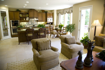Living room with kitchen in the background.
