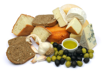 Cheese, olives and bread isolated on white