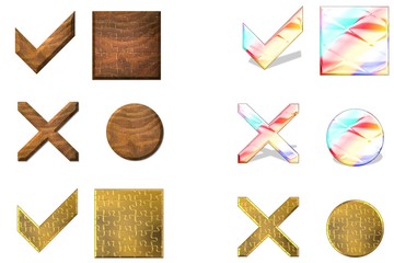 HiRes Symbole in Holz, Gold uns Plastik