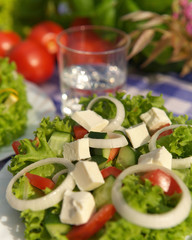 Delicious vegetable salad with tomato, onion and cucumber