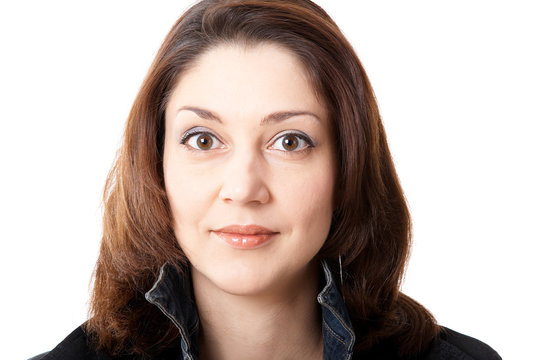 Dark-haired woman isolated at the white background