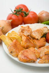 turkish style chicken fillet kebab with rice and salads