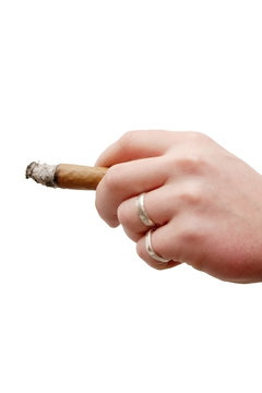 Hand holding a cigar smoking