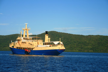 Fototapeta na wymiar a small blue cruise ship on a sunny day