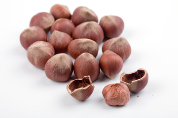Hazelnuts close up. Shallow depth of focus