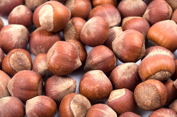 Hazelnuts close up on a white background.