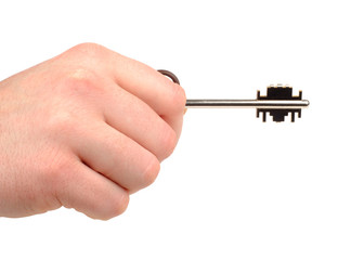Male hand with key isolated with clipping path over white