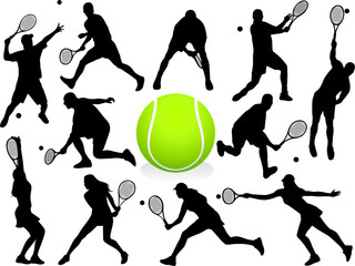 Vector Tennis Players Silhouettes Collection - tennis club set, mens and womans sport players, green ball illustration