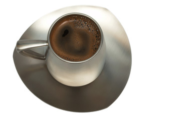 Coffee in a metal cup on a white background