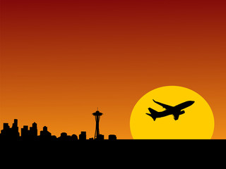 Fototapeta na wymiar plane leaving Seattle at sunset