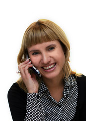 young woman with mobile phone is smiling in office