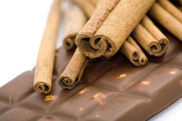 Bar of chocolate and cinnamon sticks