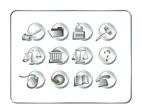Legal Icon Set, silver. Digital illustration.