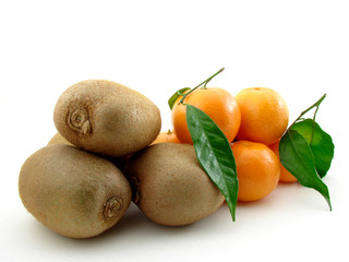 Kiwis and tangerines isolated on white background