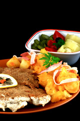 close up of a pork schnitzel in a plate