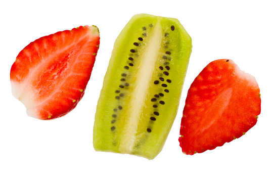 Slices strawberry and kiwi on a white background