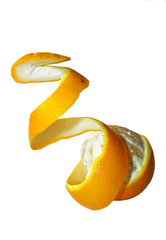 Orange with curly peeled skin on a white background