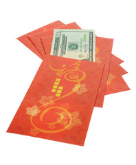 Chinese New year red packets and US dollars on white background