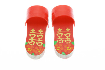 Pair of hand painted red Double Happiness clogs 