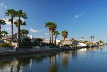 Houses waterside on Padre Island, Texas