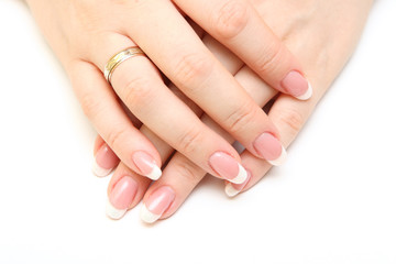 Manicure, women's hands with beautiful drawings on the nails