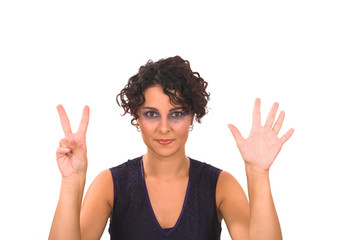 business lady is showing seven fingers as she is counting,
