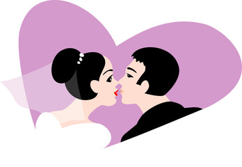 Bride and groom kissing in heart shape. Wedding kiss