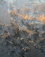 Frost patterns on the window. Winter morning.