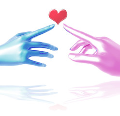 Two hand in touching with an heart on a white background