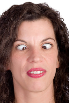 woman making squinting grimace on white background