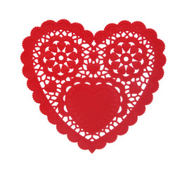 A heart shaped doily isolated over a white background - obrazy, fototapety, plakaty