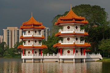 lake, pagoda and tree in the parks