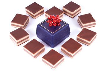 Heart made of chocolate nougat bonbons