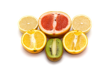 grapefruit,  lemon, kiwi, and orange on a white background
