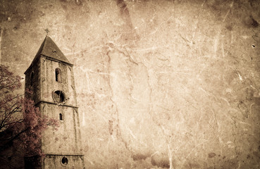 Old church on grunge paper background