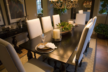Dining table with designer decor.