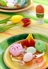 Easter table setting - eggs and tulips