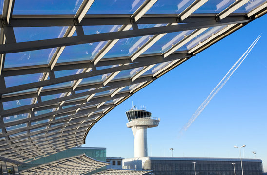modern construction with airport control tower 