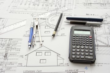 Plans of one family house, writing materials and scale